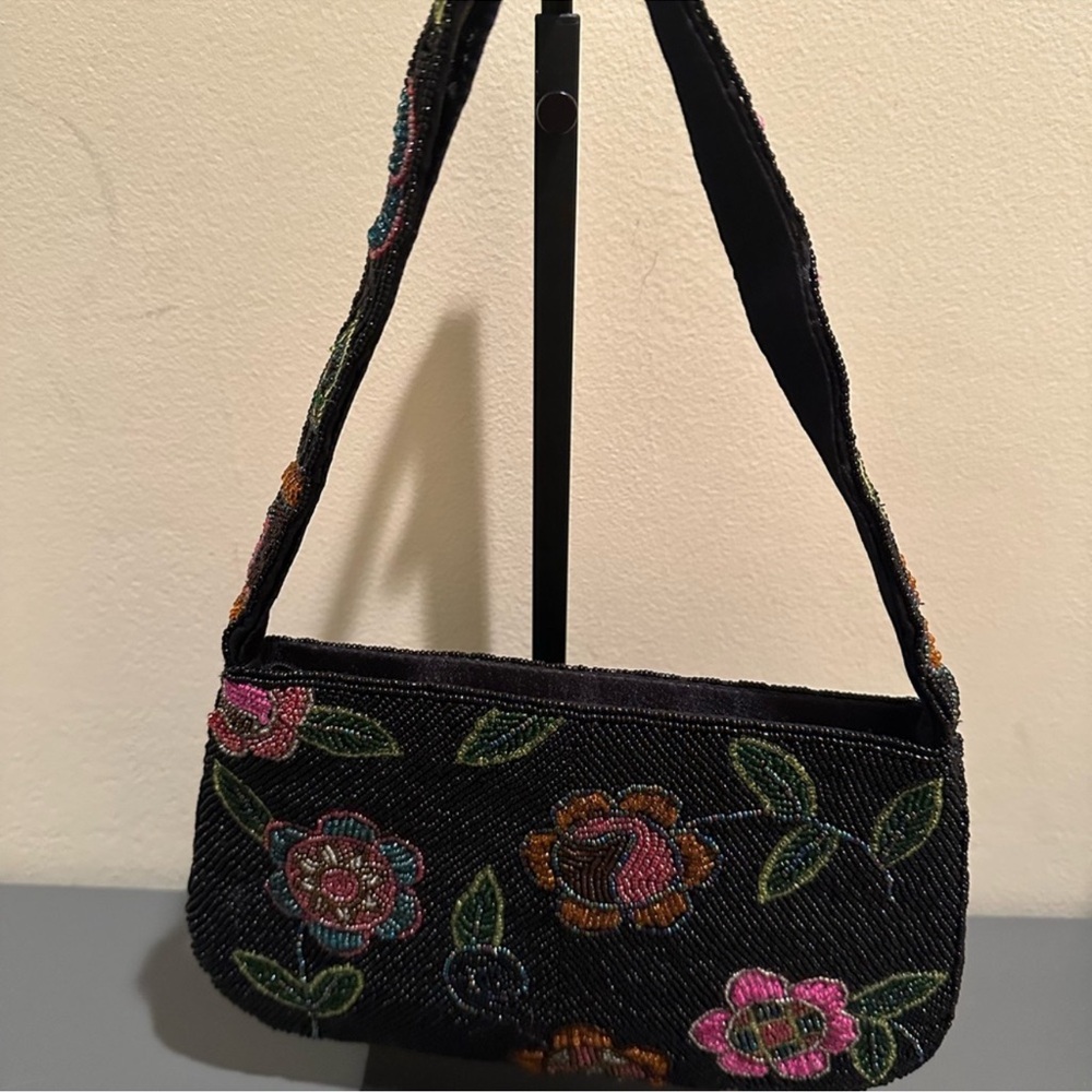 Embroidered Black Beaded Floral Shoulder Bag